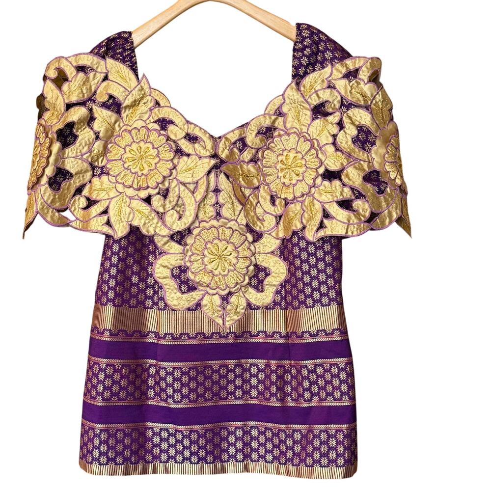Traditional Cambodian Khmer Formal Wear Top Purple Gold Wedding Guest Blouse 16
